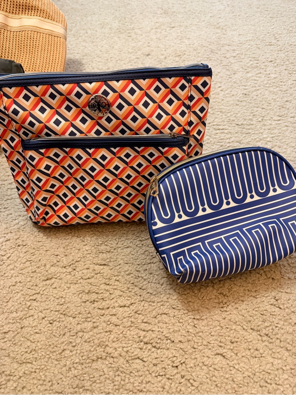 Geometric Pattern Travel Tote and Navy Cosmetic Pouch - Blue, Red, Cream